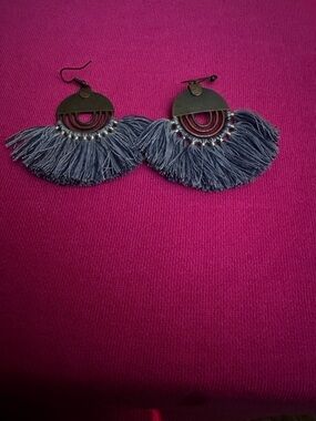 Boho Fringe Fan Drop Earrings in Blue
